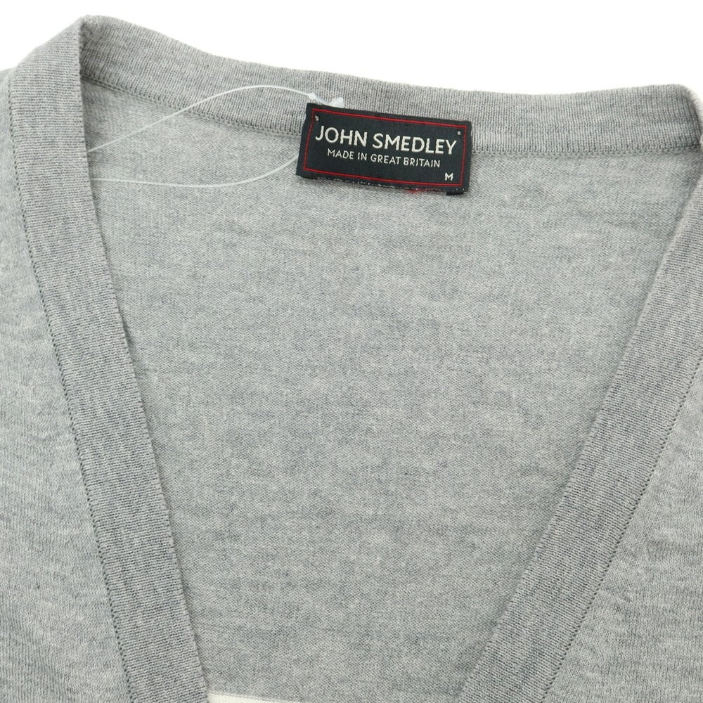 【中古】ジョンスメドレー JOHN SMEDLEY ハイゲージコットン ボーダー カーディガン ライトグレーxホワイト【 M 】【 状態ランクC 】【 メンズ 】