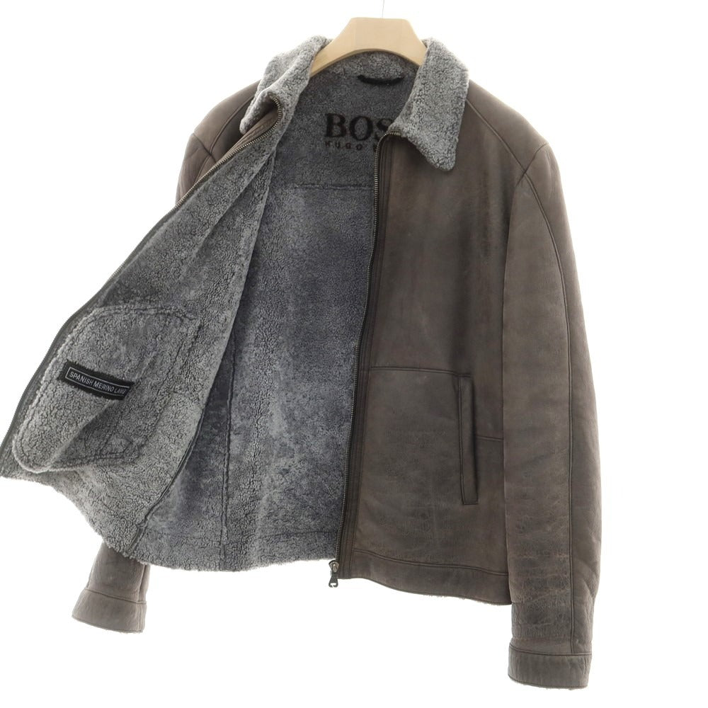 【中古】ヒューゴボス HUGO BOSS シープレザー ムートン ジップアップ レザーブルゾン ダークグレー【 58 】【 状態ランクC 】【 メンズ 】