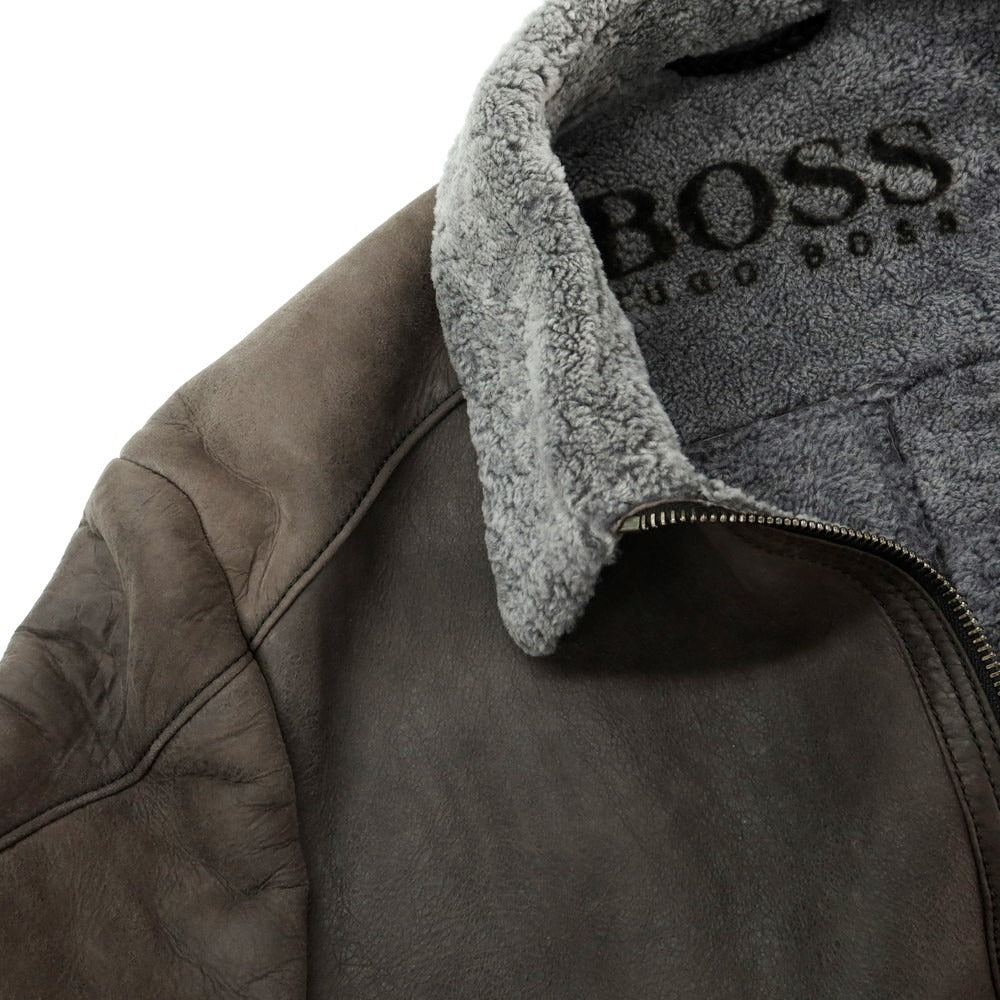 【中古】ヒューゴボス HUGO BOSS シープレザー ムートン ジップアップ レザーブルゾン ダークグレー【 58 】【 状態ランクC 】【 メンズ 】