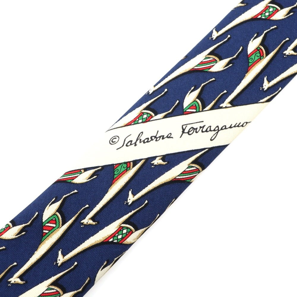 【中古】サルヴァトーレフェラガモ Salvatore Ferragamo シルク アニマル柄 ネクタイ ネイビー系xベージュ【NVY】【S/S/A/W】【状態ランクB】【メンズ】