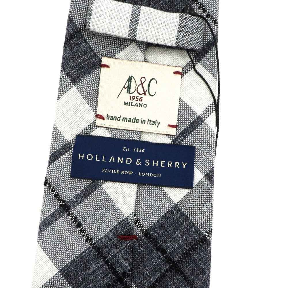 【新品】アーディーアンドシー AD&amp;C 1956 HOLLAND＆SHERRY ウールシルクリネン チェック柄ネクタイ グレーxホワイト【 状態ランクN 】【 メンズ 】