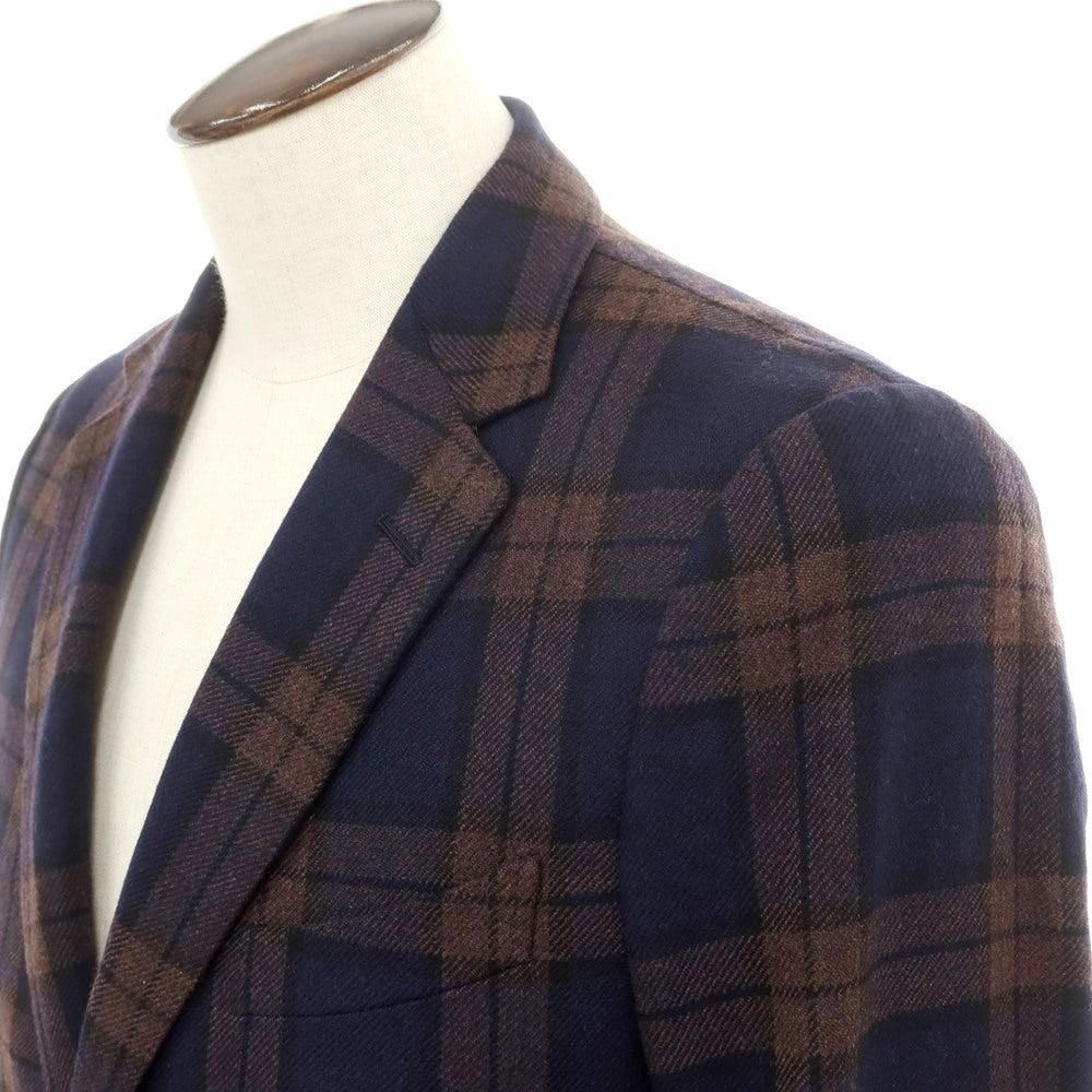 中古】ダンヒル Dunhill ウールカシミヤ チェック 2つボタン テーラードジャケット ネイビーxブラウン【 48 】【 状態ランクA –  リタリオリブロ