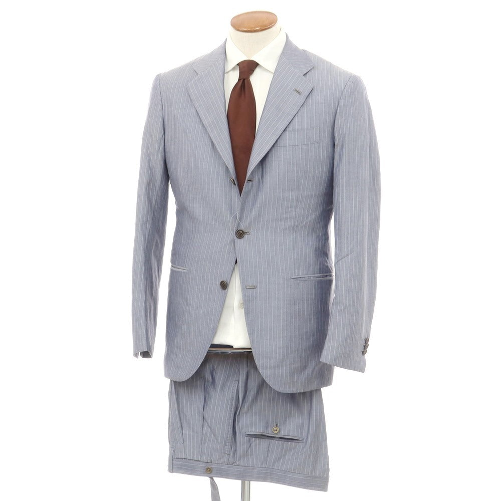 【中古】チロパオーネ キートン Ciro Paone Kiton カシミヤコットンシルク ストライプ 3つボタンスーツ ブルー系【 48 】【 状態ランクD 】【 メンズ 】