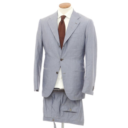 【中古】チロパオーネ キートン Ciro Paone Kiton カシミヤコットンシルク ストライプ 3つボタンスーツ ブルー系【 48 】【 状態ランクD 】【 メンズ 】