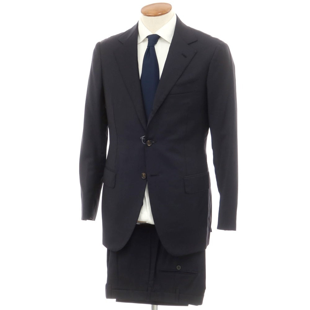 【中古】アンティカ サルトリア ディ アテッラ ナポリ Antica Sartoria Di Atella Napoli ウール ヘリンボーン 3つボタンスーツ ダークネイビー【サイズ46】【 状態ランクC 】【 メンズ 】 [EPD]