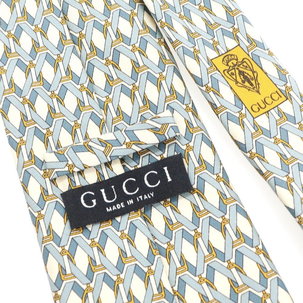 【中古】グッチ GUCCI シルク プリント ネクタイ ライトベージュxブルー【 状態ランクB 】【 メンズ 】