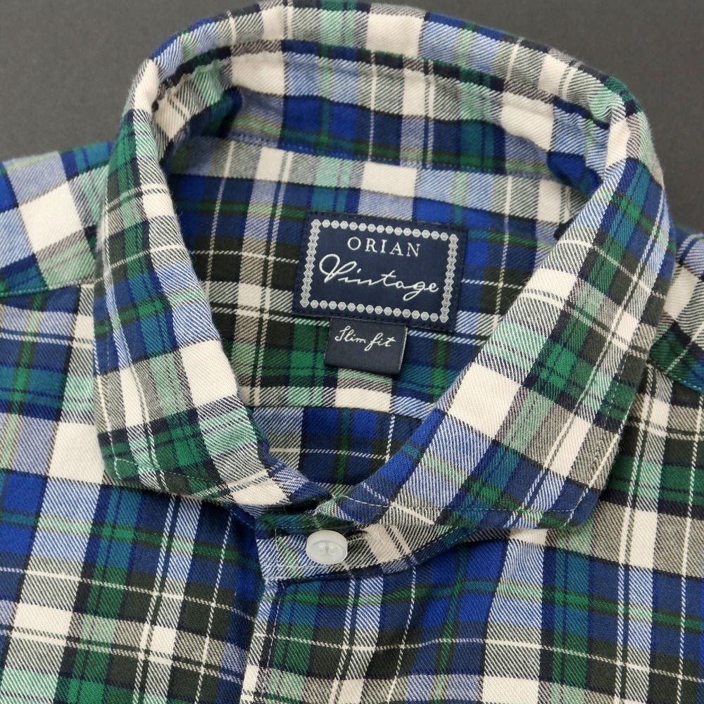 【中古】オリアン ORIAN コットン チェック ワイドカラー カジュアルシャツ グリーンxブルー【サイズM】【 状態ランクA 】【 メンズ 】[EPD]