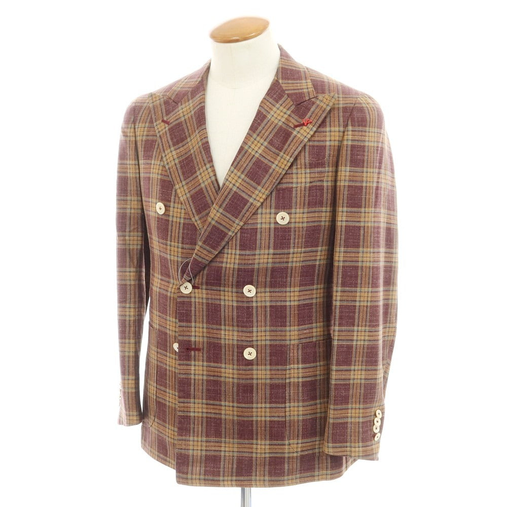 【中古】イザイア ISAIA CORTINA チェック ダブルジャケット ダークボルドーxベージュ【 46 】【 状態ランクA 】【 メンズ 】