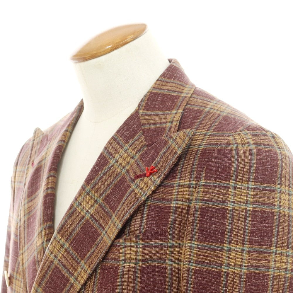 【中古】イザイア ISAIA CORTINA チェック ダブルジャケット ダークボルドーxベージュ【 46 】【 状態ランクA 】【 メンズ 】