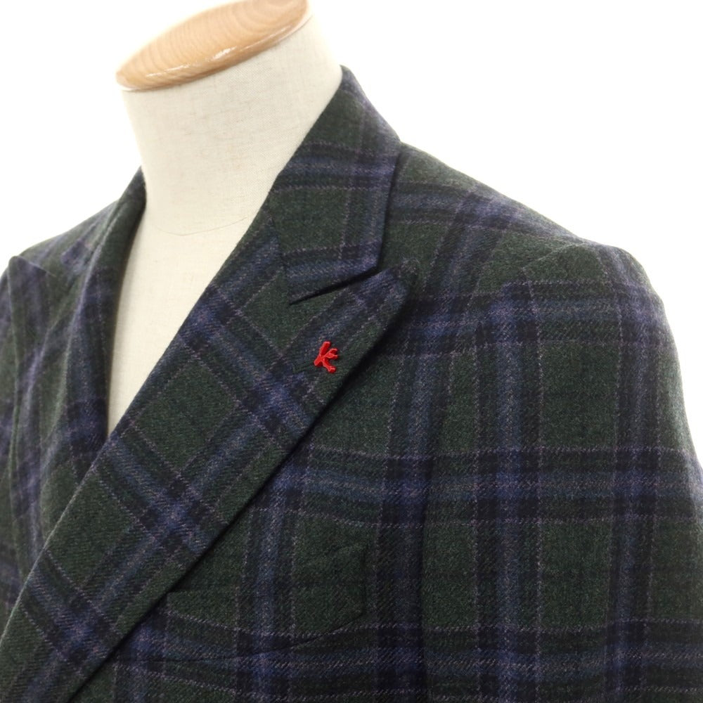 【中古】イザイア ISAIA CORTINA ウールカシミヤ チェック ダブルジャケット グリーンxネイビー【 44 】【 状態ランクA 】【 メンズ 】