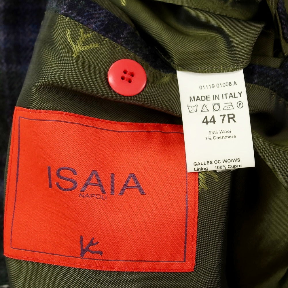 【中古】イザイア ISAIA CORTINA ウールカシミヤ チェック ダブルジャケット グリーンxネイビー【 44 】【 状態ランクA 】【 メンズ 】