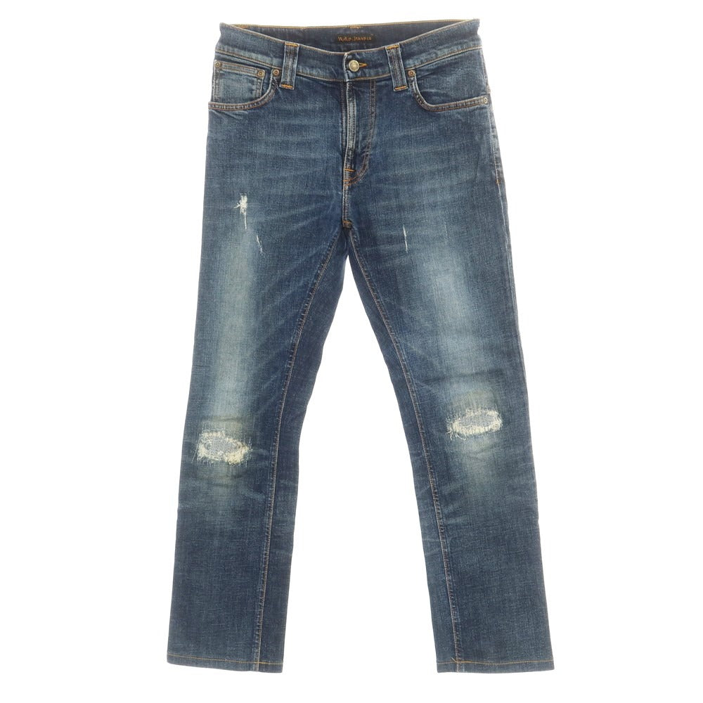 【中古】ヌーディージーンズ Nudie Jeans ダメージ＆リペア加工 ストレッチ コットン ジーンズ デニムパンツ ネイビー【 30 】【 状態ランクB 】【 メンズ 】