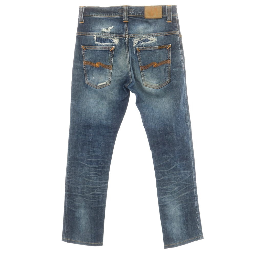 【中古】ヌーディージーンズ Nudie Jeans ダメージ＆リペア加工 ストレッチ コットン ジーンズ デニムパンツ ネイビー【 30 】【 状態ランクB 】【 メンズ 】