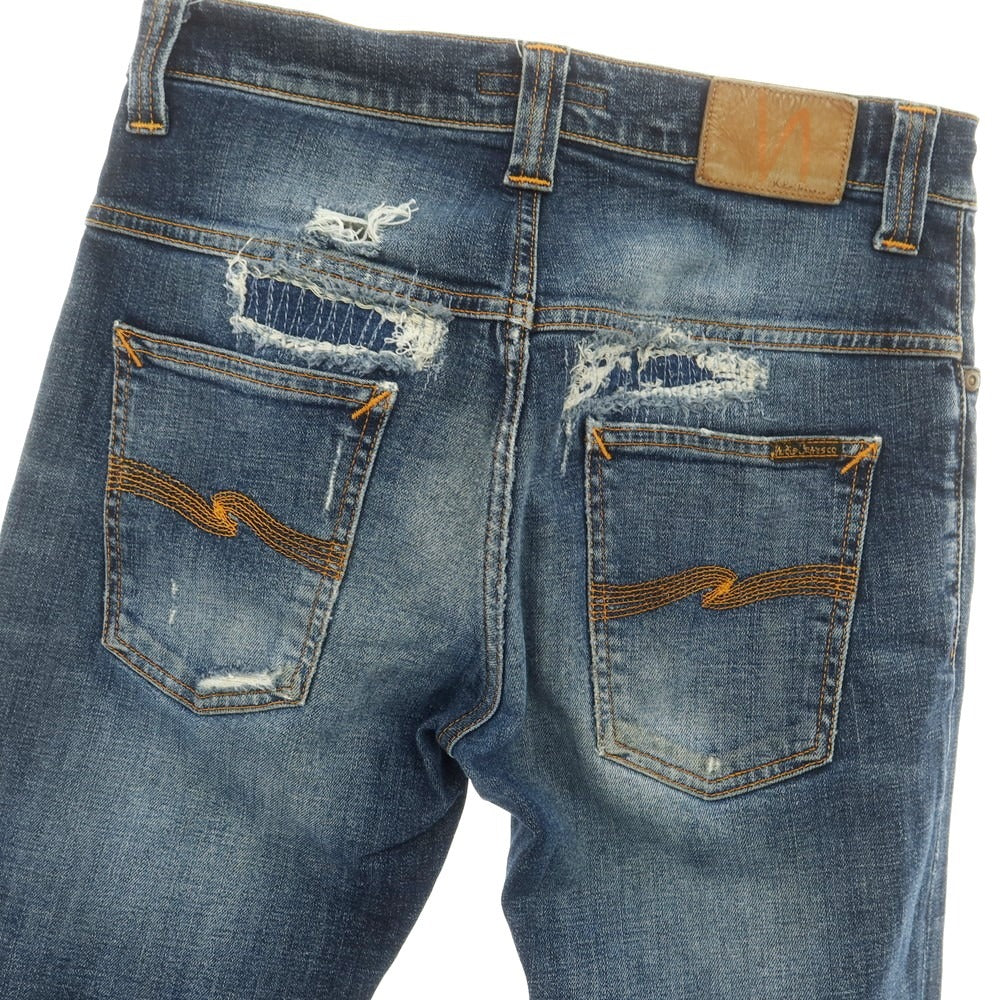 【中古】ヌーディージーンズ Nudie Jeans ダメージ＆リペア加工 ストレッチ コットン ジーンズ デニムパンツ ネイビー【 30 】【 状態ランクB 】【 メンズ 】