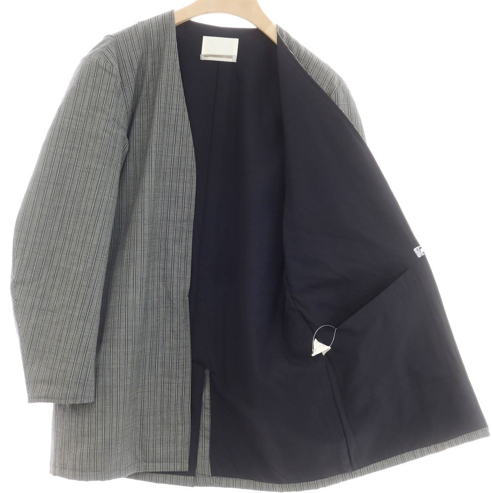 【中古】リパーパス RE-PURPOSE ウール 中綿 ストライプ ノーカラーコート グレー【サイズM】【 状態ランクB 】【 メンズ 】 [EPD]