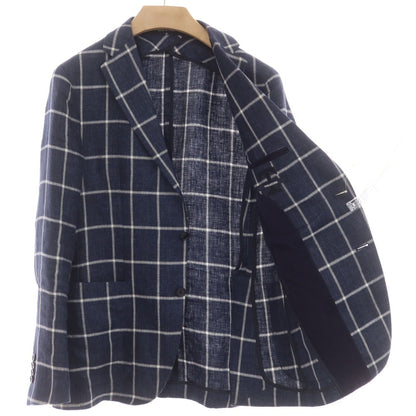 【中古】タリアトーレ TAGLIATORE リネン チェック テーラードジャケット ネイビーxホワイト【 48 】【 状態ランクC 】【 メンズ 】
