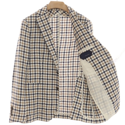 【中古】タリアトーレ TAGLIATORE リネンコットン チェック テーラードジャケット ホワイトxダークネイビー【 48 】【 状態ランクB 】【 メンズ 】