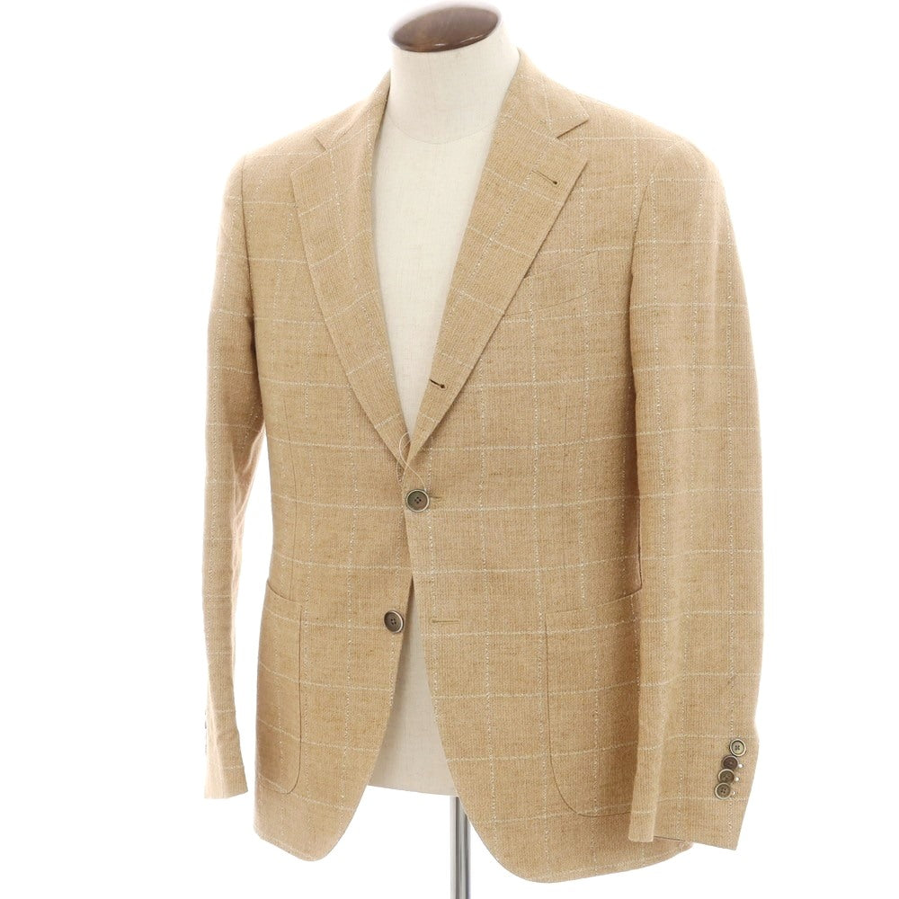 【中古】ラルディーニ LARDINI リネンコットン チェック テーラードジャケット ベージュブラウン系【 表記なし（L位） 】【 状態ランクC 】【 メンズ 】