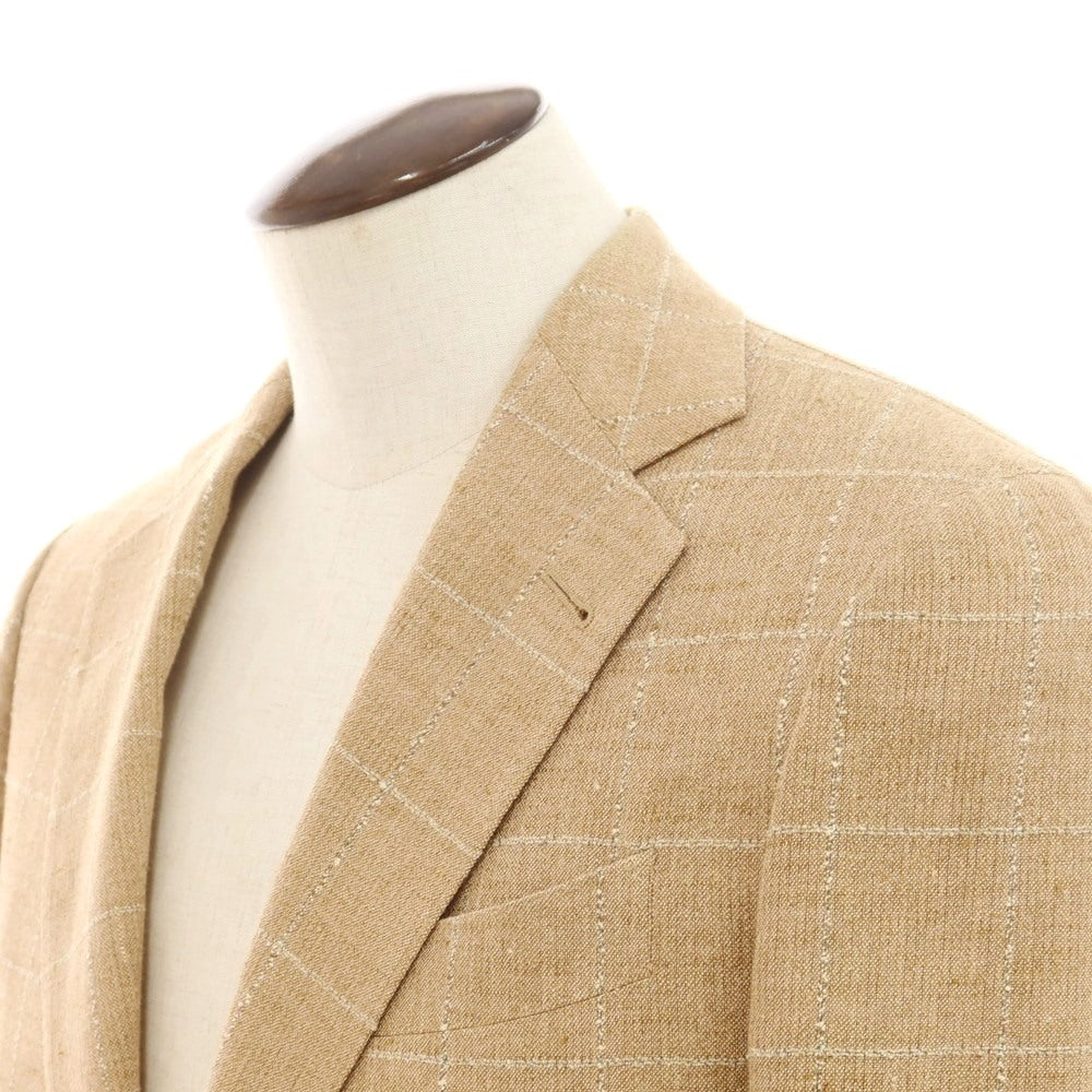 【中古】ラルディーニ LARDINI リネンコットン チェック テーラードジャケット ベージュブラウン系【 表記なし（L位） 】【 状態ランクC 】【 メンズ 】