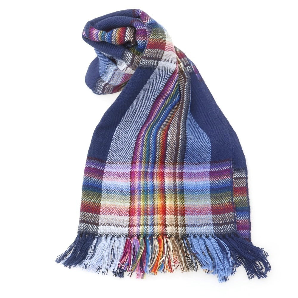 【中古】イノウエブラザーズ THE INOUE BROTHERS ウール系 チェック 大判 マフラー ネイビーxマルチカラー【 状態ランクB 】【 メンズ 】