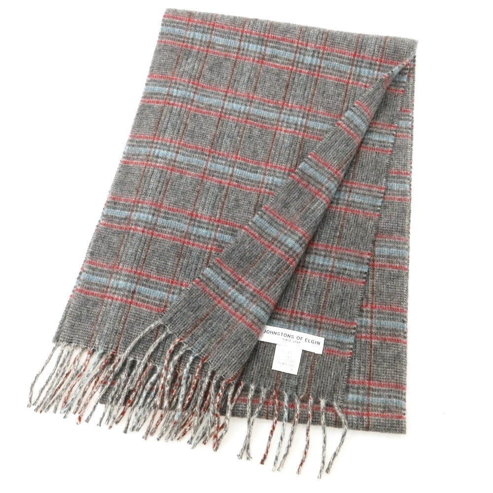 【中古】ジョンストンズ JOHNSTONS カシミヤ チェック マフラー グレーxレッド【 状態ランクB 】【 メンズ 】