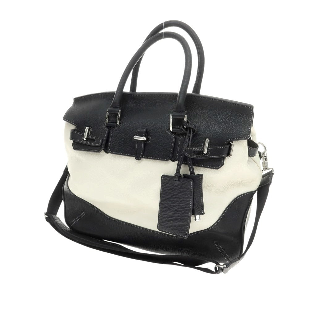【中古】ペッレモルビダ PELLE MORBIDA シュリンクレザー フラップ トートバッグ ブラックネイビーxホワイト【 状態ランクB 】【 メンズ 】