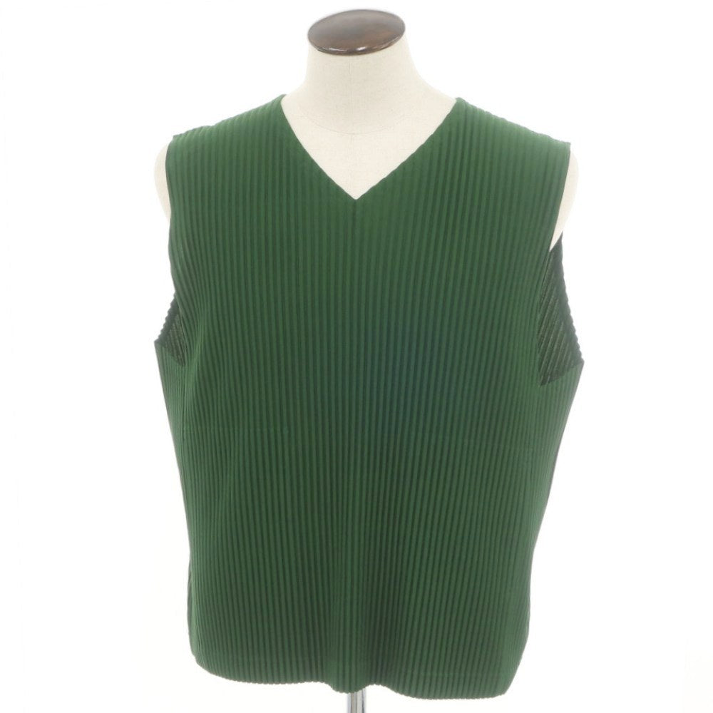 【中古】オム プリッセ イッセイミヤケ HOMME PLISSE ISSEY MIYAKE 2024年秋冬 プリーツ Vネック ノースリーブ カットソー グリーン【 表記なし（L位） 】【 状態ランクA 】【 メンズ 】