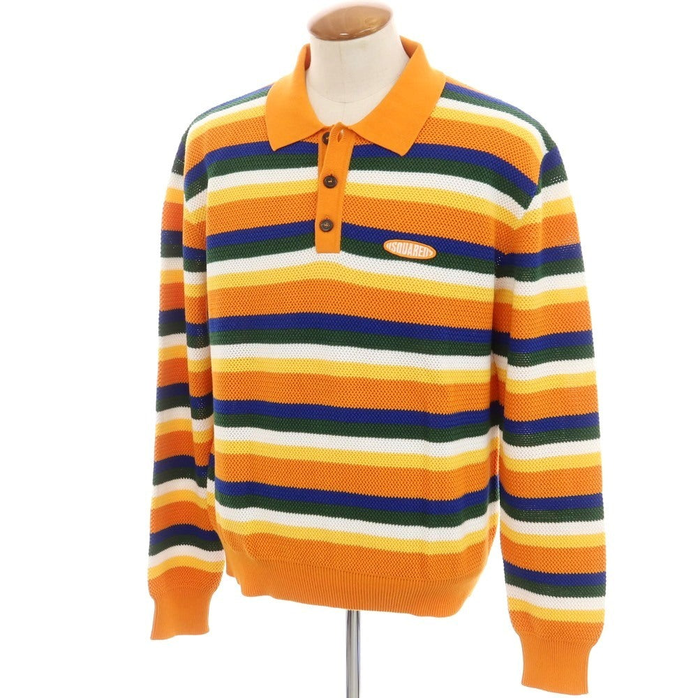 【新品】ディースクエアード DSQUARED2 ミドルゲージ コットン ボーダー 長袖 ポロニット オレンジxマルチカラー【 M 】【 状態ランクN 】【 メンズ 】