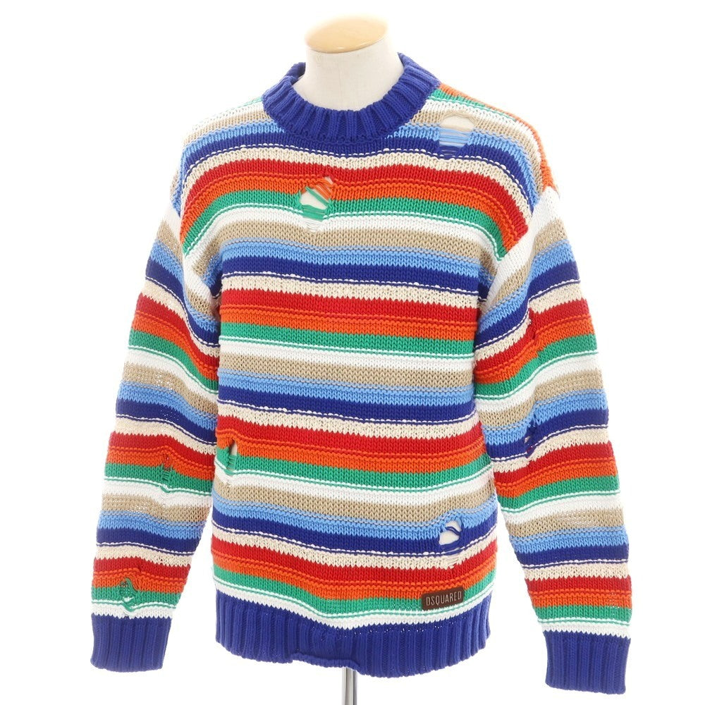 【新品】ディースクエアード DSQUARED2 ダメージ加工 コットンリネン マルチボーダー プルオーバーニット ブルーxマルチカラー【 S 】【 状態ランクN 】【 メンズ 】