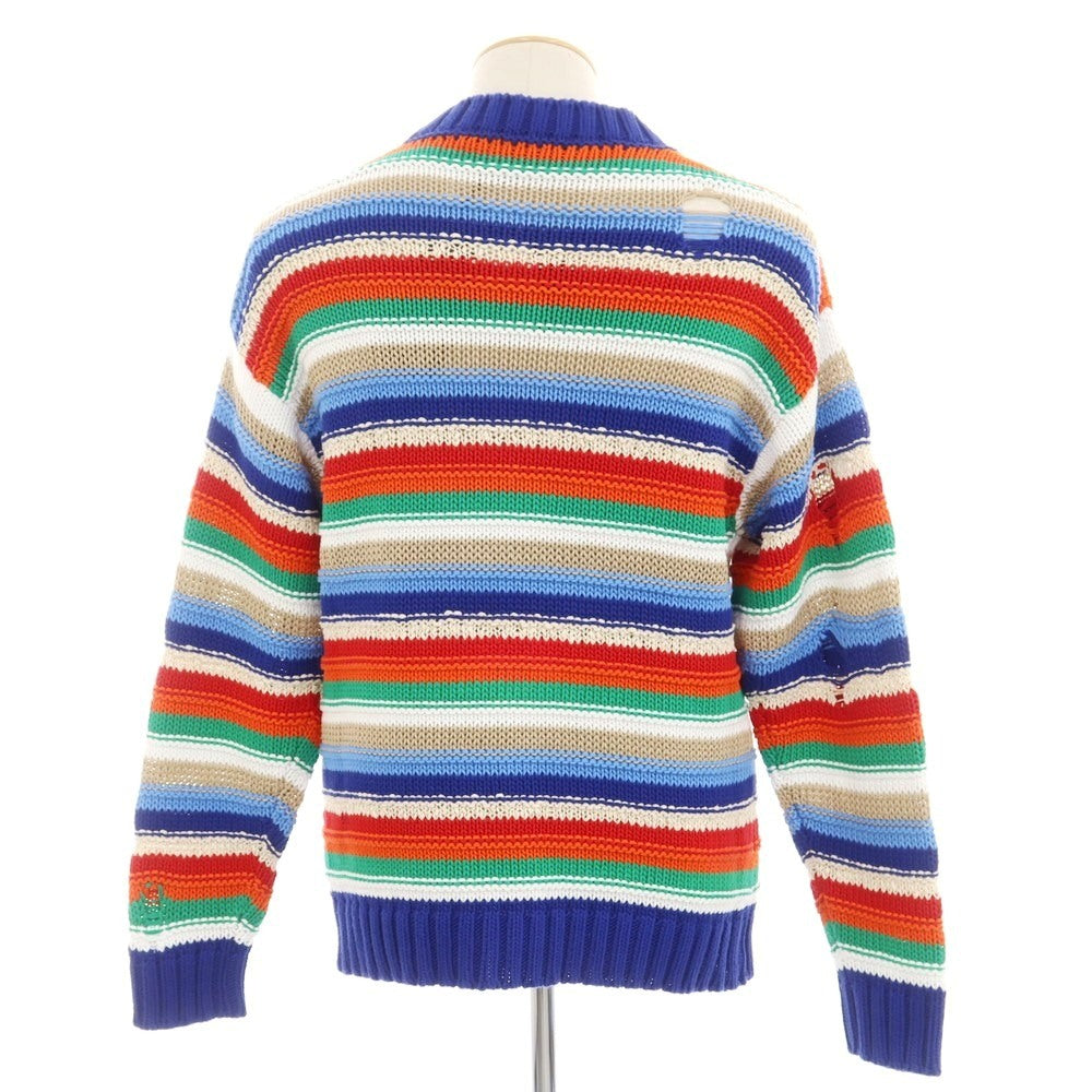 【新品】ディースクエアード DSQUARED2 ダメージ加工 コットンリネン マルチボーダー プルオーバーニット ブルーxマルチカラー【 S 】【 状態ランクN 】【 メンズ 】
