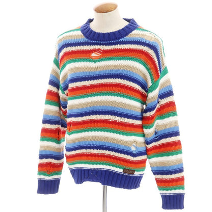 【新品アウトレット】ディースクエアード DSQUARED2 ダメージ加工 コットンリネン マルチボーダー プルオーバーニット ブルーxマルチカラー【 M 】【 状態ランクN- 】【 メンズ 】