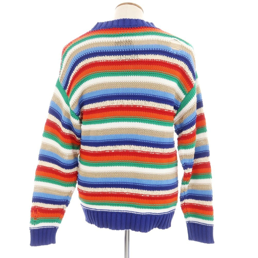 【新品アウトレット】ディースクエアード DSQUARED2 ダメージ加工 コットンリネン マルチボーダー プルオーバーニット ブルーxマルチカラー【 M 】【 状態ランクN- 】【 メンズ 】