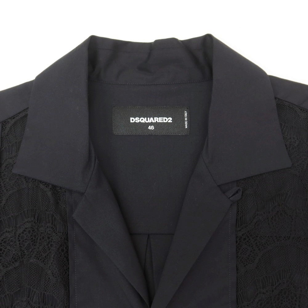 【新品】ディースクエアード DSQUARED2 ストレッチ コットン オープンカラー 半袖シャツ ブラック【 46 】【 状態ランクN 】【 メンズ 】