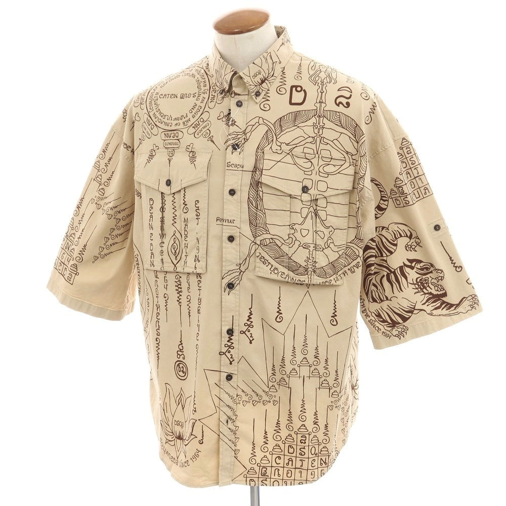 【新品】ディースクエアード DSQUARED2 ストレッチ コットン ボタンダウン 半袖シャツ ダークベージュxブラウン【 サイズ46 】【 状態ランクN 】【 メンズ 】 [EPD]