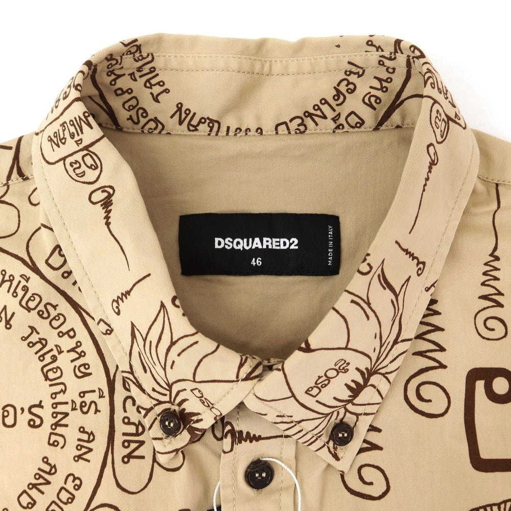 【新品】ディースクエアード DSQUARED2 ストレッチ コットン ボタンダウン 半袖シャツ ダークベージュxブラウン【 サイズ46 】【 状態ランクN 】【 メンズ 】 [EPD]