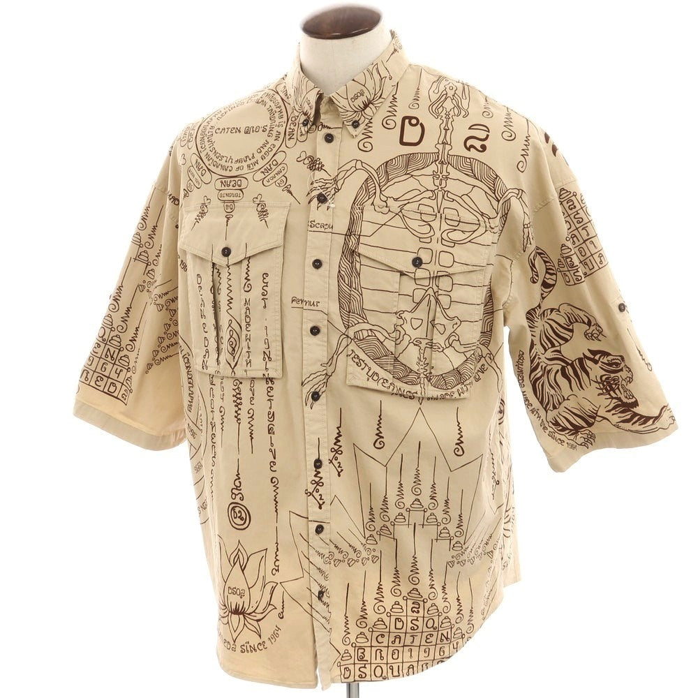 【新品】ディースクエアード DSQUARED2 ストレッチ コットン ボタンダウン 半袖シャツ ダークベージュxブラウン【 48 】【 状態ランクN 】【 メンズ 】