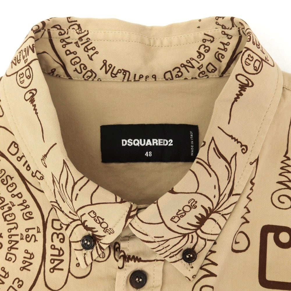 【新品】ディースクエアード DSQUARED2 ストレッチ コットン ボタンダウン 半袖シャツ ダークベージュxブラウン【 48 】【 状態ランクN 】【 メンズ 】