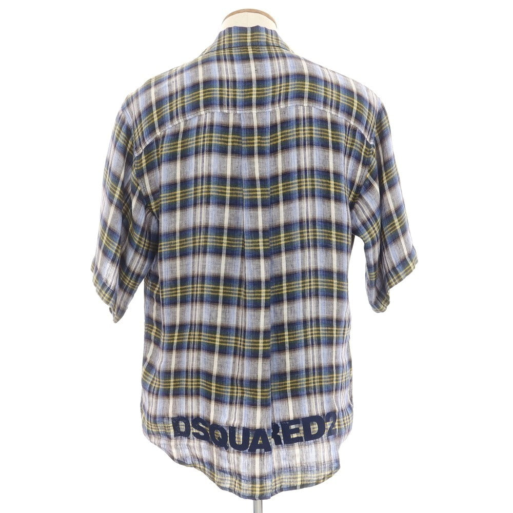 【新品】ディースクエアード DSQUARED2 リネン チェック オープンカラー 半袖シャツ ブルーxホワイト【 46 】【 状態ランクN 】【 メンズ 】