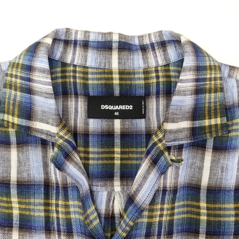 【新品】ディースクエアード DSQUARED2 リネン チェック オープンカラー 半袖シャツ ブルーxホワイト【 46 】【 状態ランクN 】【 メンズ 】
