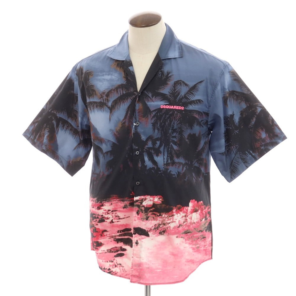 【新品】ディースクエアード DSQUARED2 コットン オープンカラー 半袖シャツ グレイッシュネイビーxブラック【 サイズ50 】【 状態ランクN 】【 メンズ 】 [EPD]