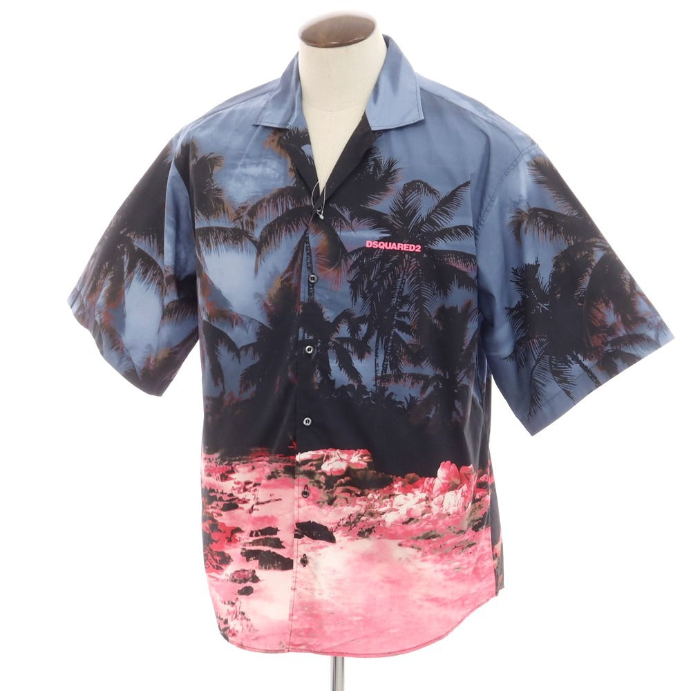 【新品】ディースクエアード DSQUARED2 コットン オープンカラー 半袖シャツ グレイッシュネイビーxブラック【 52 】【 状態ランクN 】【 メンズ 】
