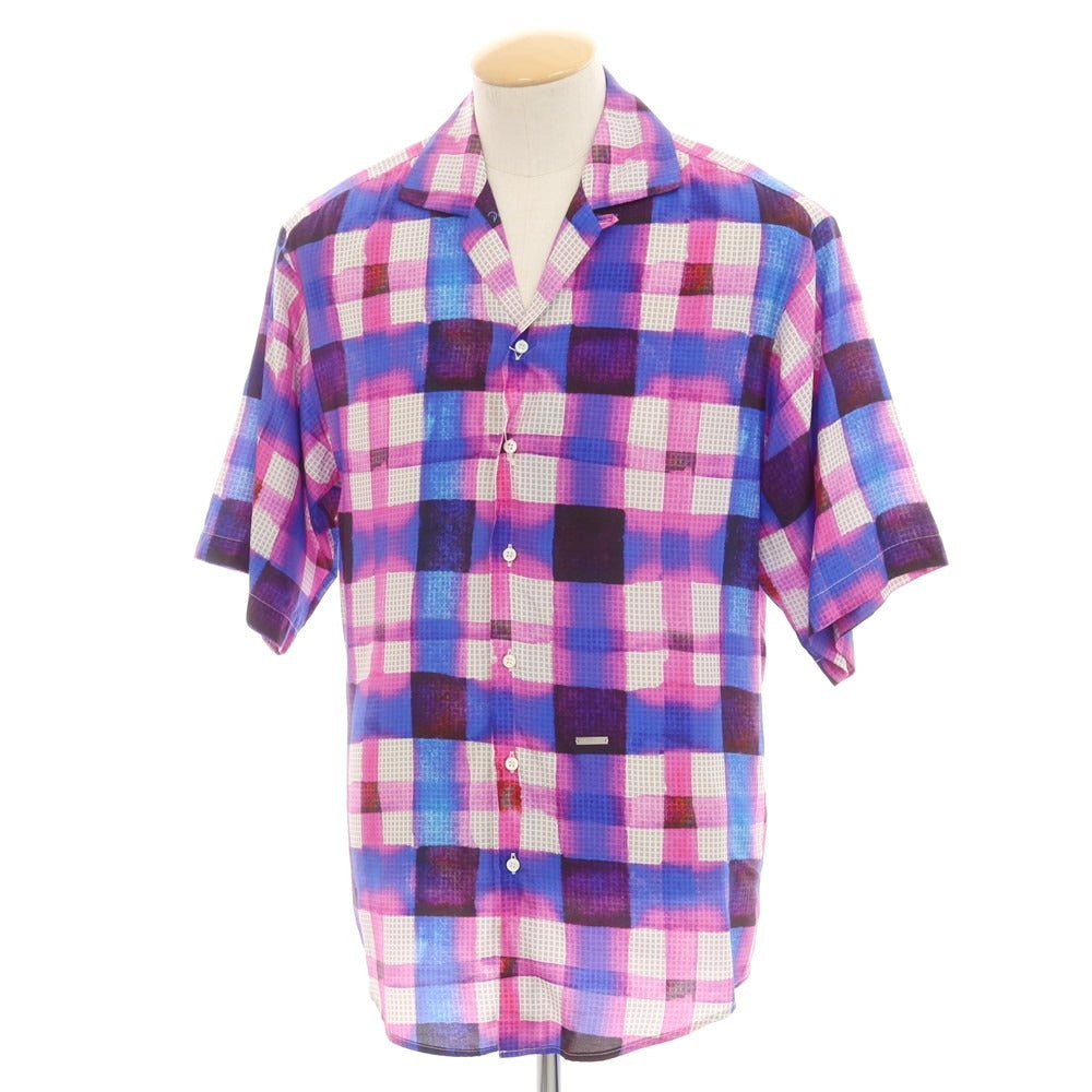 【新品】ディースクエアード DSQUARED2 レーヨンシルク チェック オープンカラー 半袖シャツ ピンクパープルxブルー【 44 】【 状態ランクN 】【 メンズ 】