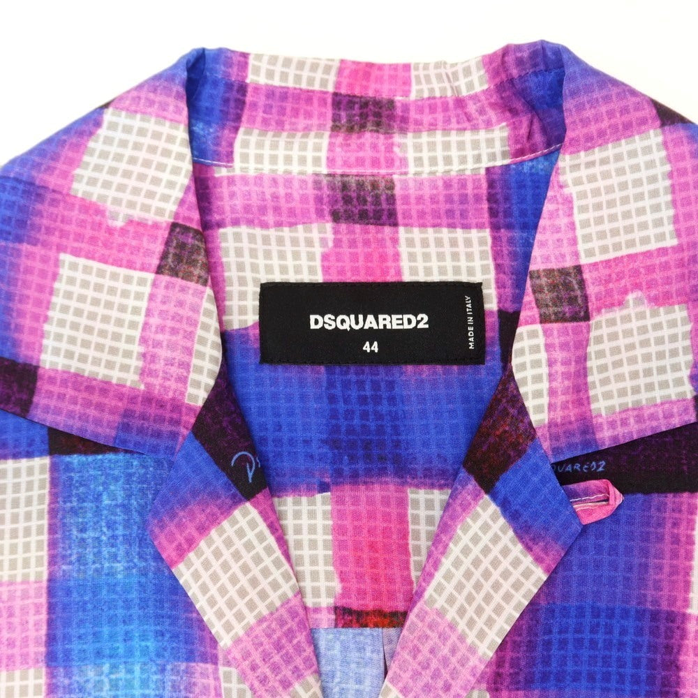 【新品】ディースクエアード DSQUARED2 レーヨンシルク チェック オープンカラー 半袖シャツ ピンクパープルxブルー【 44 】【 状態ランクN 】【 メンズ 】