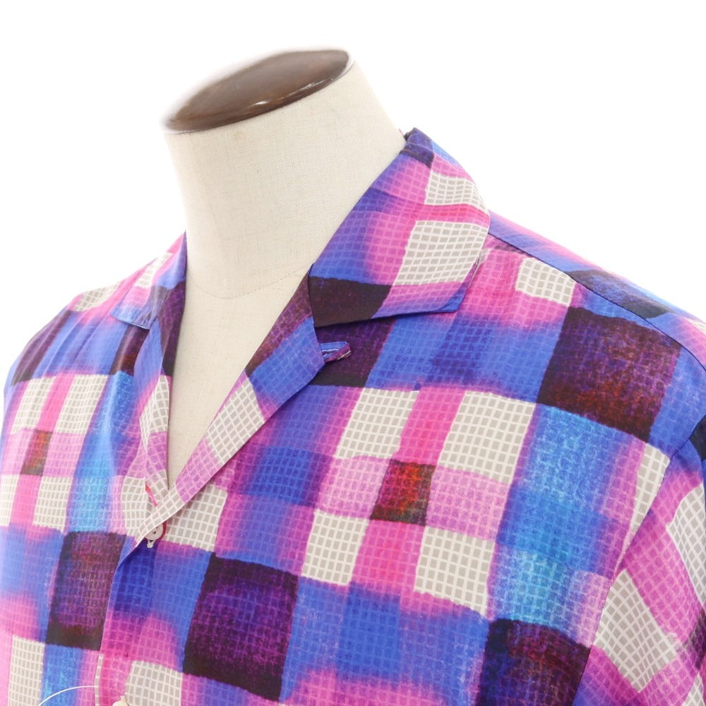 【新品】ディースクエアード DSQUARED2 レーヨンシルク チェック オープンカラー 半袖シャツ ピンクパープルxブルー【 48 】【 状態ランクN 】【 メンズ 】