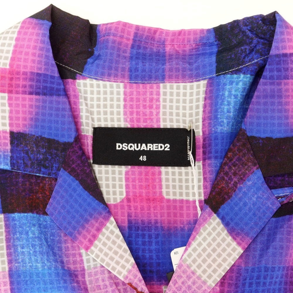 【新品】ディースクエアード DSQUARED2 レーヨンシルク チェック オープンカラー 半袖シャツ ピンクパープルxブルー【 48 】【 状態ランクN 】【 メンズ 】