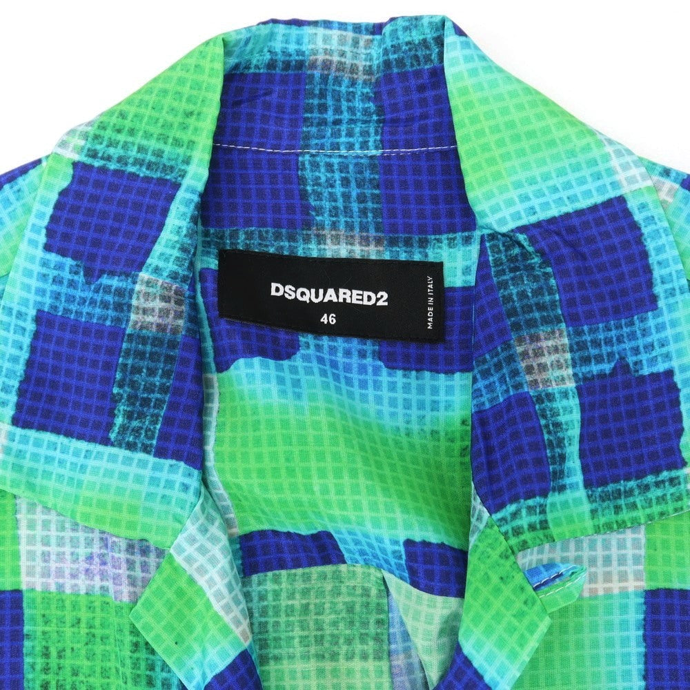 【新品】ディースクエアード DSQUARED2 レーヨンシルク チェック オープンカラー 半袖シャツ ライトグリーンxブルー【 46 】【 状態ランクN 】【 メンズ 】
