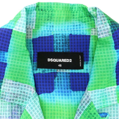 【新品】ディースクエアード DSQUARED2 レーヨンシルク チェック オープンカラー 半袖シャツ ライトグリーンxブルー【 48 】【 状態ランクN 】【 メンズ 】