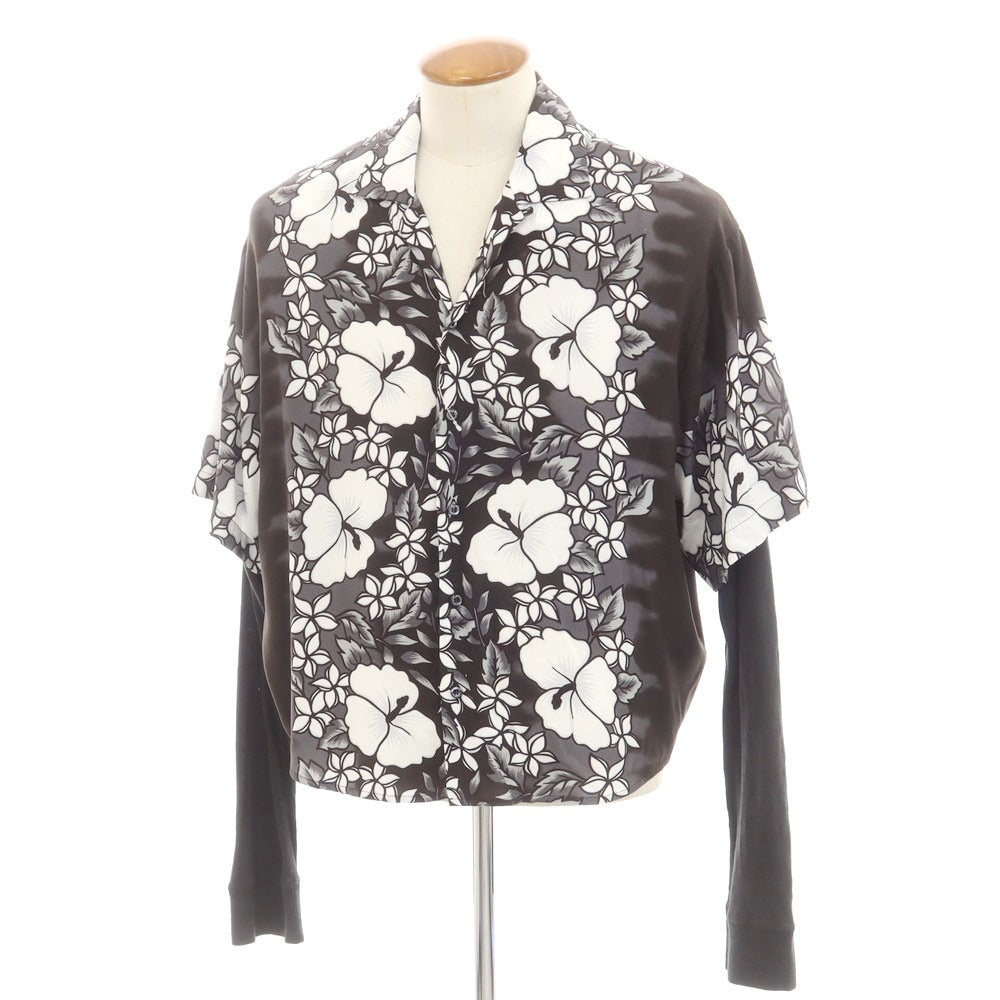 【新品】ディースクエアード DSQUARED2 レーヨン ボタニカル柄 レイヤード風 オープンカラー カジュアルシャツ ブラックxホワイト【サイズ46】【 状態ランクN 】【 メンズ 】[EPD]