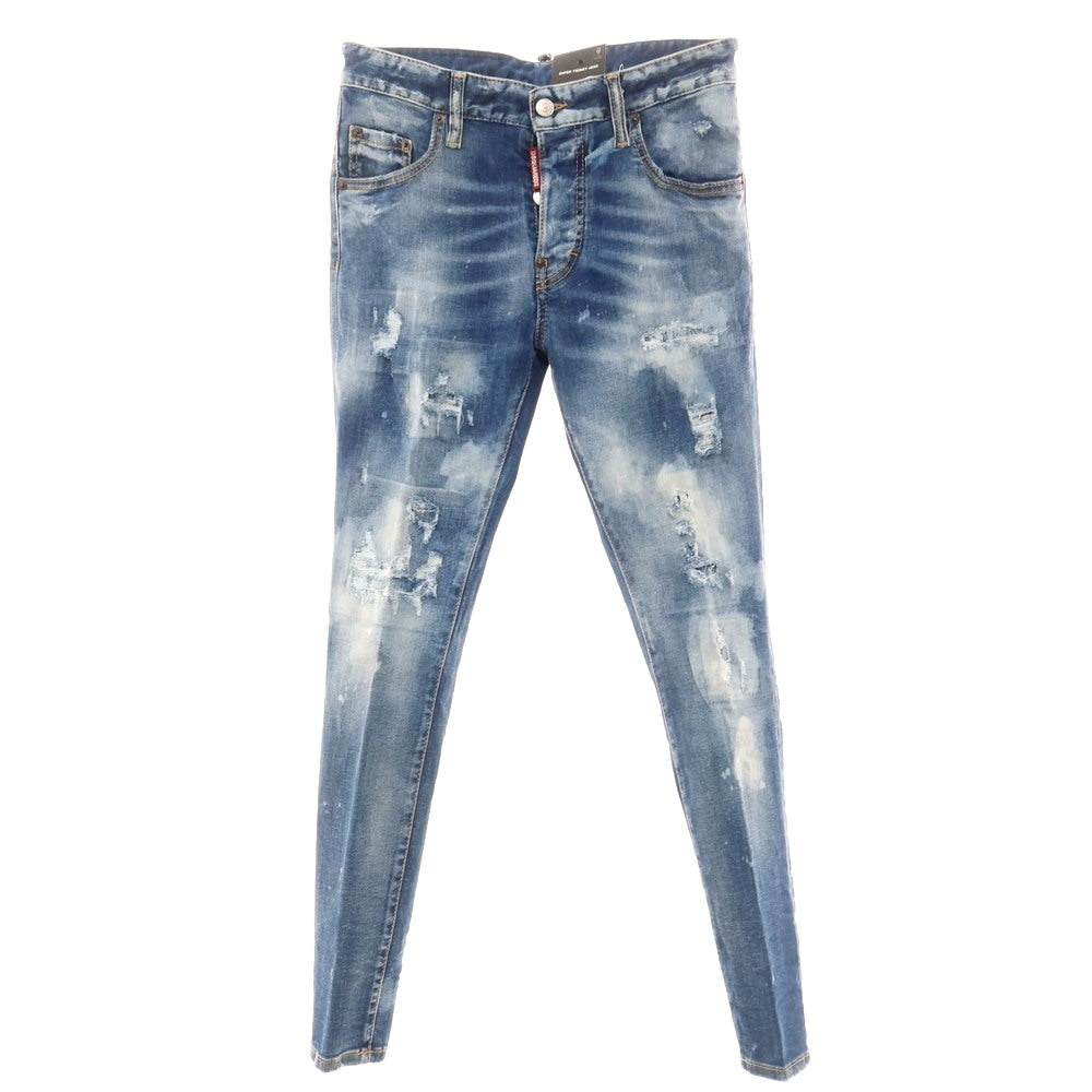 【新品アウトレット】ディースクエアード DSQUARED2 クラッシュ＆リペア加工 ストレッチ コットン ジーンズ デニムパンツ ネイビーxホワイト【 44 】【 状態ランクN- 】【 メンズ 】