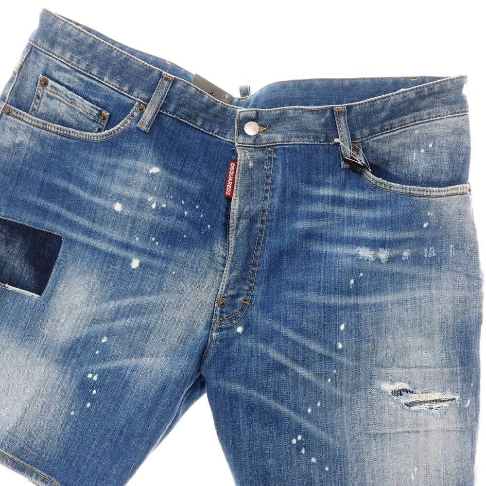 【新品アウトレット】ディースクエアード DSQUARED2 ダメージ＆リペア加工 ストレッチ コットン デニム ショートパンツ ブルー【 56 】【 状態ランクN- 】【 メンズ 】